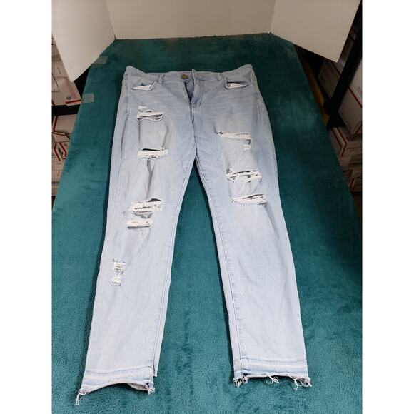 American Eagle Jeans Size 16 Womens Blue Stretch Distressed High Rise Jegging - Picture 1 of 14